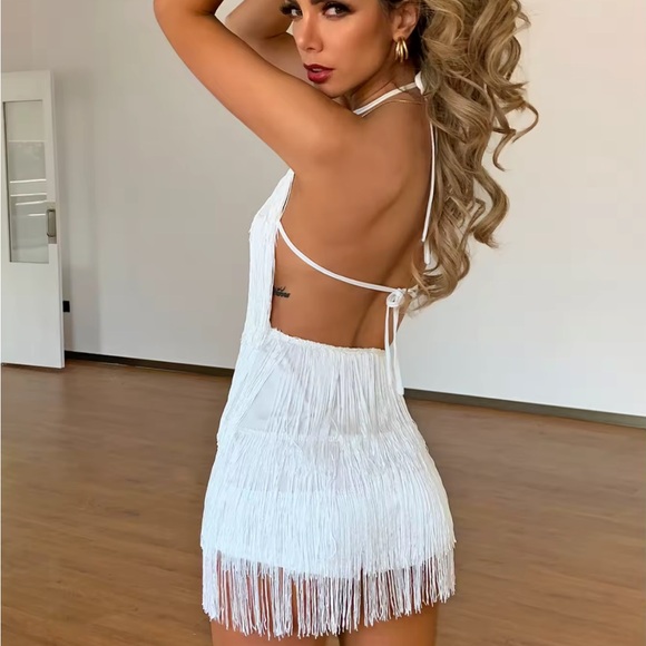 White Tassel Backless Halter Romper - Picture 2 of 4